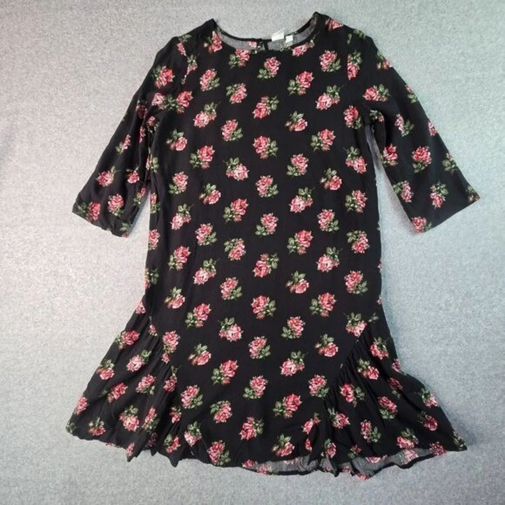 Gap Kids Floral Rose Shift Dress Girls XXL 14-16 Black Ruffle Drop Waist‎ Boho